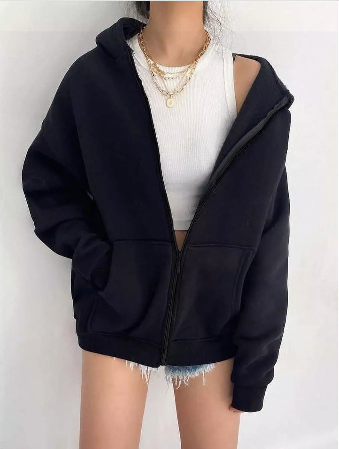 Damen nan minimalistisches French-Terry Zip-Hoodie mit durchgehendem Reißverschluss, Kängurutasche und Daumenloch-Ärmeln Shop Nory