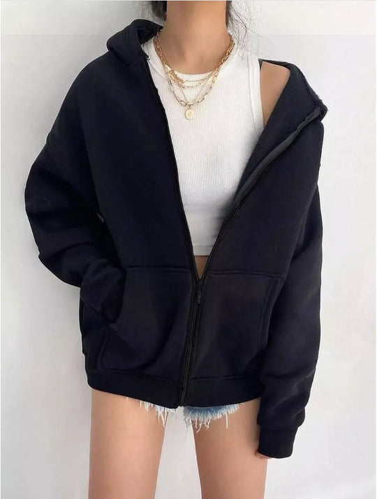 Damen nan minimalistisches French-Terry Zip-Hoodie mit durchgehendem Reißverschluss, Kängurutasche und Daumenloch-Ärmeln Shop Nory