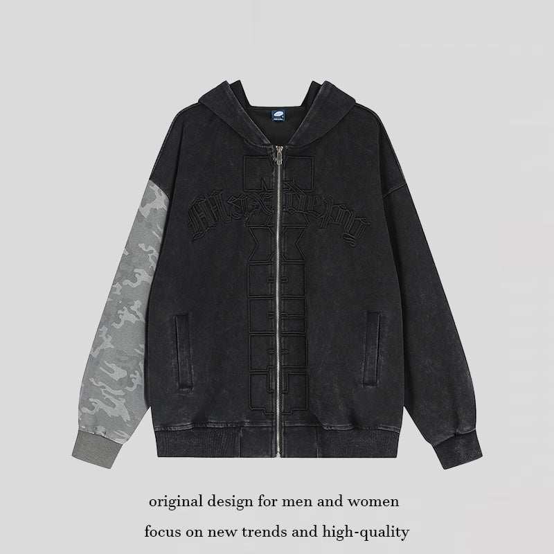 Unisex Oversize-Kapuzen-Zipjacke mit Camouflage-Ärmel, Washed‑Effekt und erhabener Frontstickerei Shop Nory