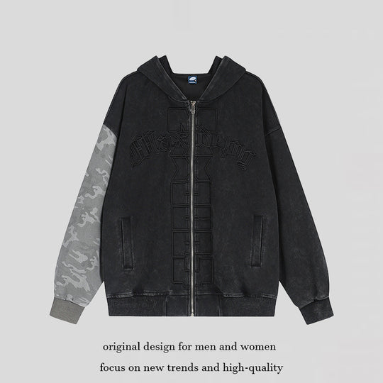 Unisex Oversize-Kapuzen-Zipjacke mit Camouflage-Ärmel, Washed‑Effekt und erhabener Frontstickerei Shop Nory