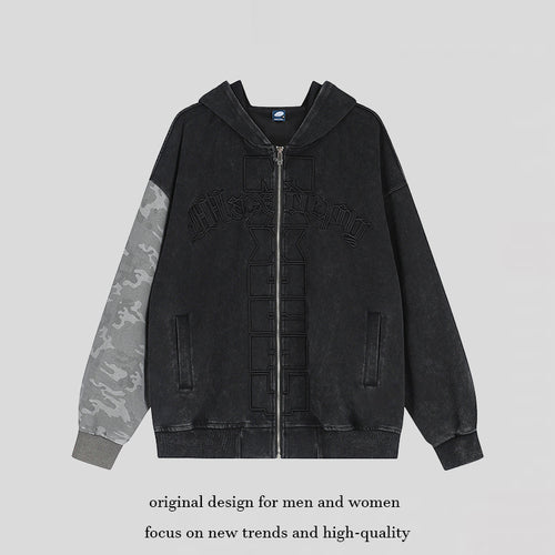 Unisex Oversize-Kapuzen-Zipjacke mit Camouflage-Ärmel, Washed‑Effekt und erhabener Frontstickerei Shop Nory