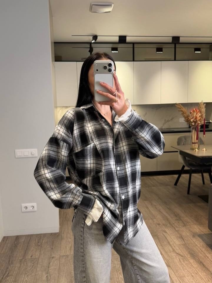 Damen Kariertes Flanell-Overshirt mit Hemdblusenkragen, Relaxed-Fit und aufgesetzter Brusttasche Shop Nory