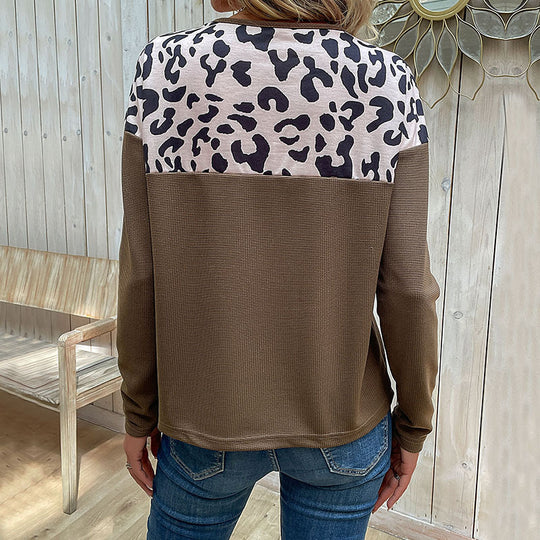 Damen Langarm-Waffelshirt mit Leo-Schulterpasse und Knopfblende Shop Nory