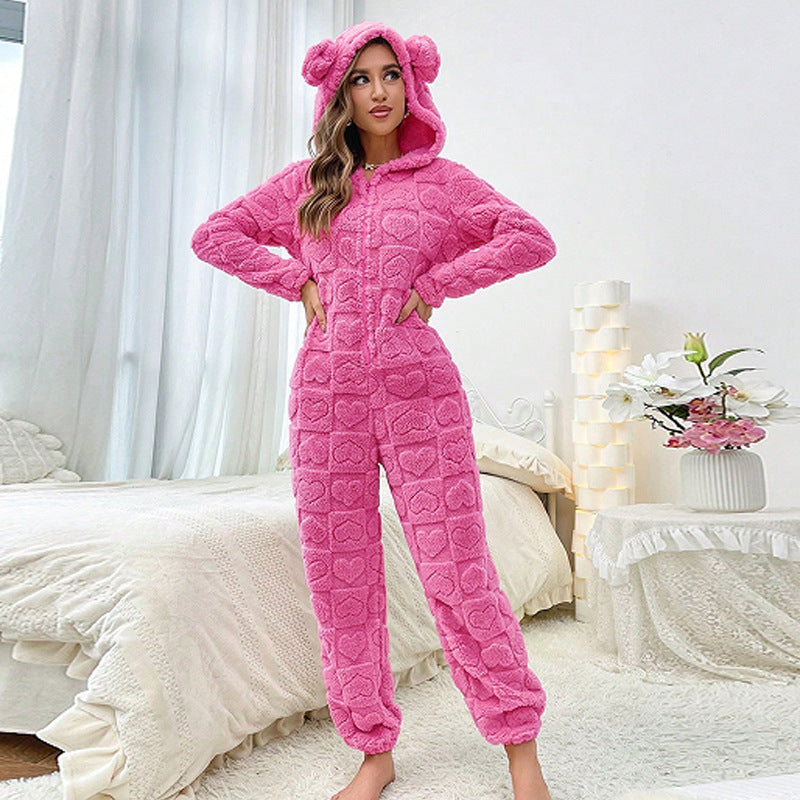 Damen Gemütlicher Fleece-Overall mit Kapuze