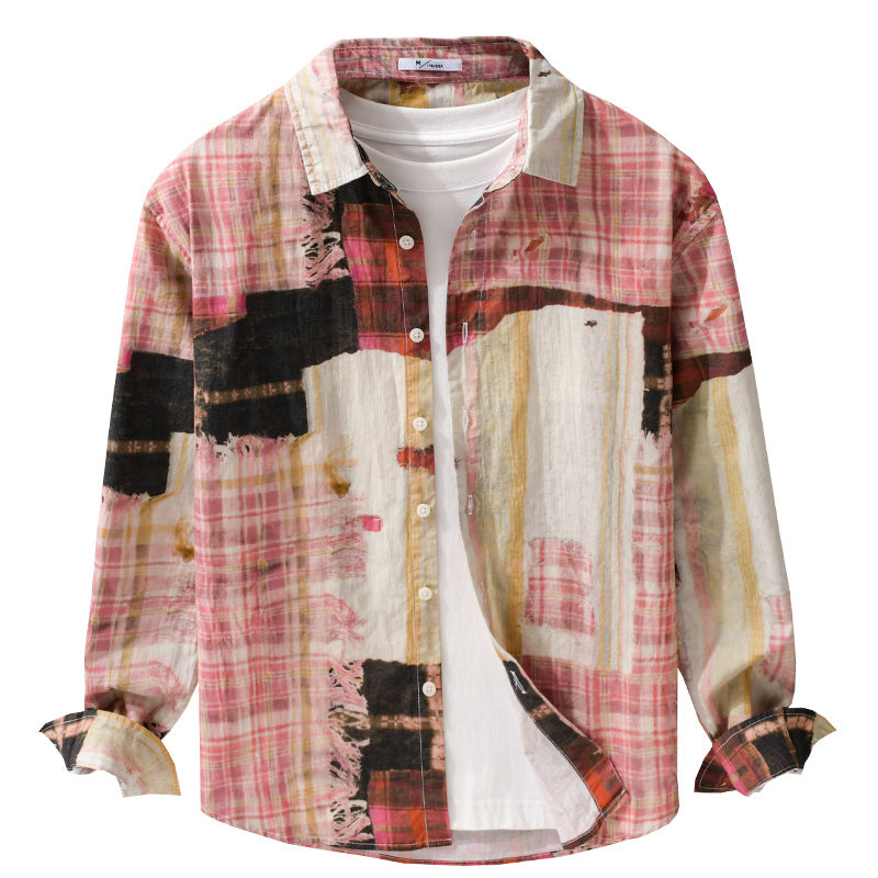 Herren Relaxed Patchwork-Karo Hemdjacke mit ausgefransten Kanten und Crinkle-Finish Shop Nory