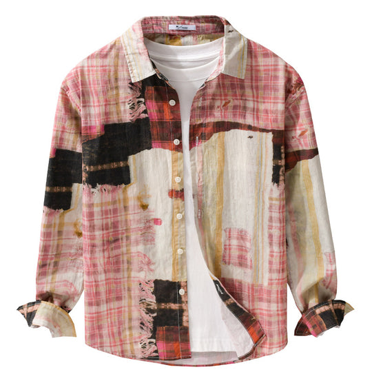 Herren Relaxed Patchwork-Karo Hemdjacke mit ausgefransten Kanten und Crinkle-Finish Shop Nory