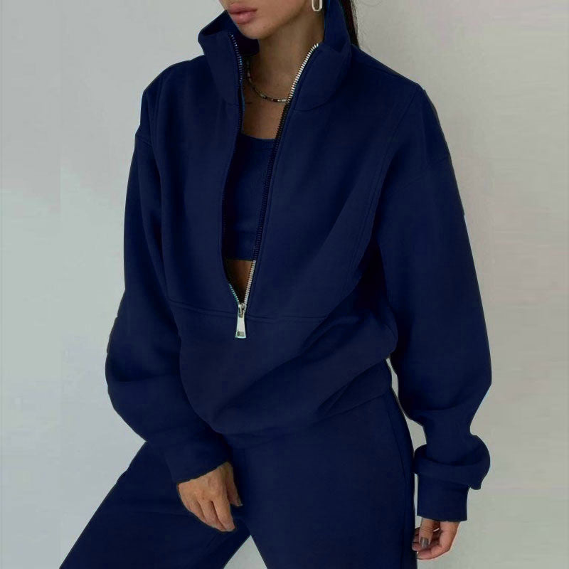 Jogginganzug Damen sportlich elegant mit Oversize-Hoodie und hohem Kragen