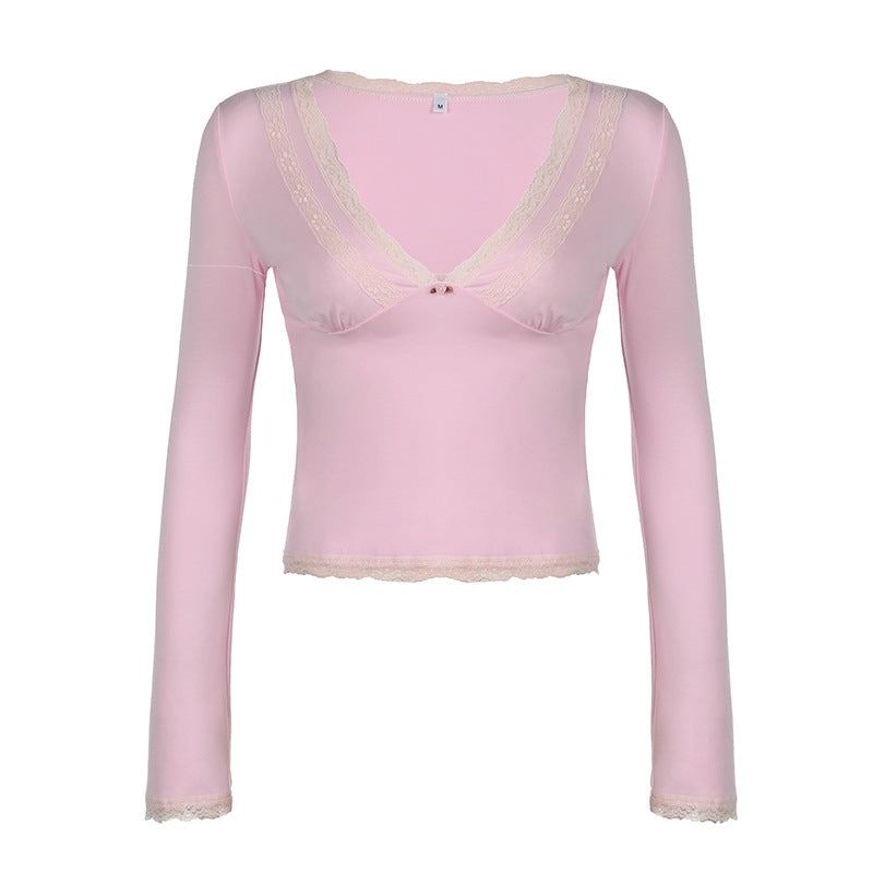 Damen nan tailliertes Langarm-Crop-Top mit tiefem V-Ausschnitt, zarter Spitzenkante und unterstützender Unterbrustnaht Shop Nory