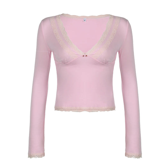 Damen nan tailliertes Langarm-Crop-Top mit tiefem V-Ausschnitt, zarter Spitzenkante und unterstützender Unterbrustnaht Shop Nory