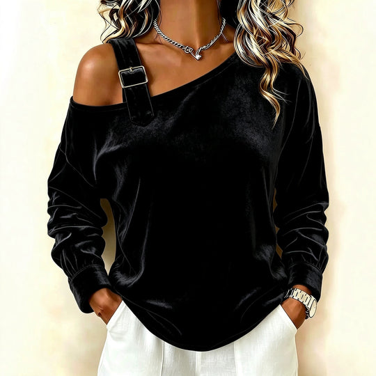 Damen Samt-Sweatshirt mit asymmetrischem Carmen-Ausschnitt und Zierschnalle Shop Nory