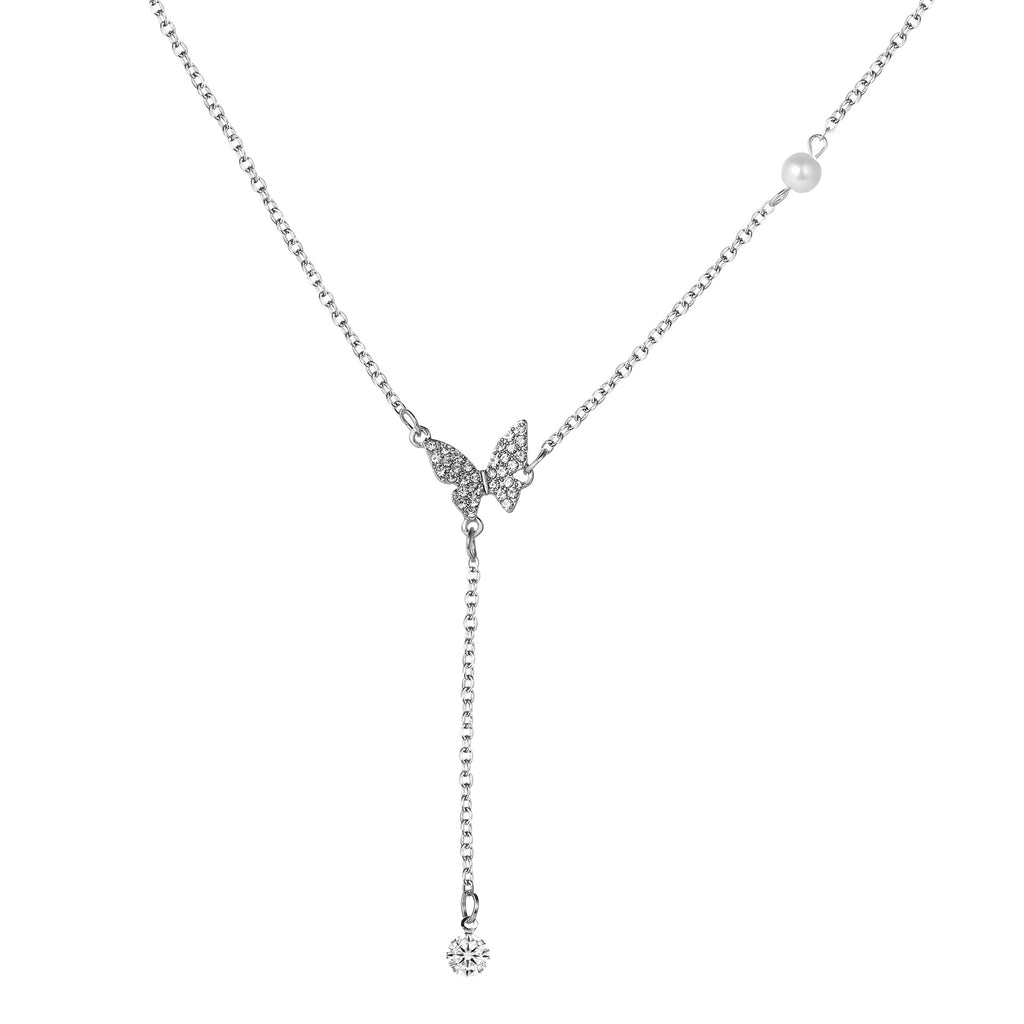 Damen Y-Halskette mit funkelndem Schmetterlingsanhänger und Perlendetails Shop Nory