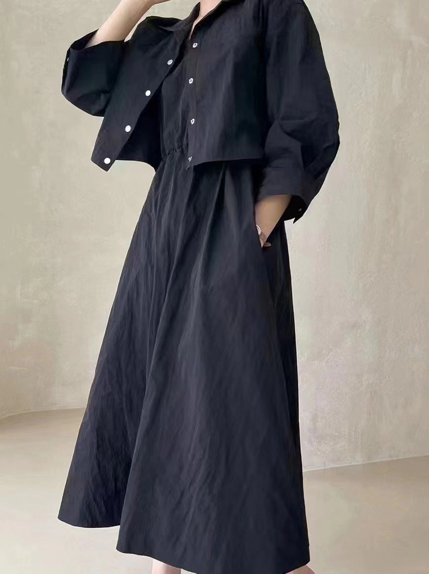 Damen Boxy-Cropped-Hemdjacke und High‑Waist A‑Linien‑Midirock Set aus Crinkle‑Baumwollmix Shop Nory