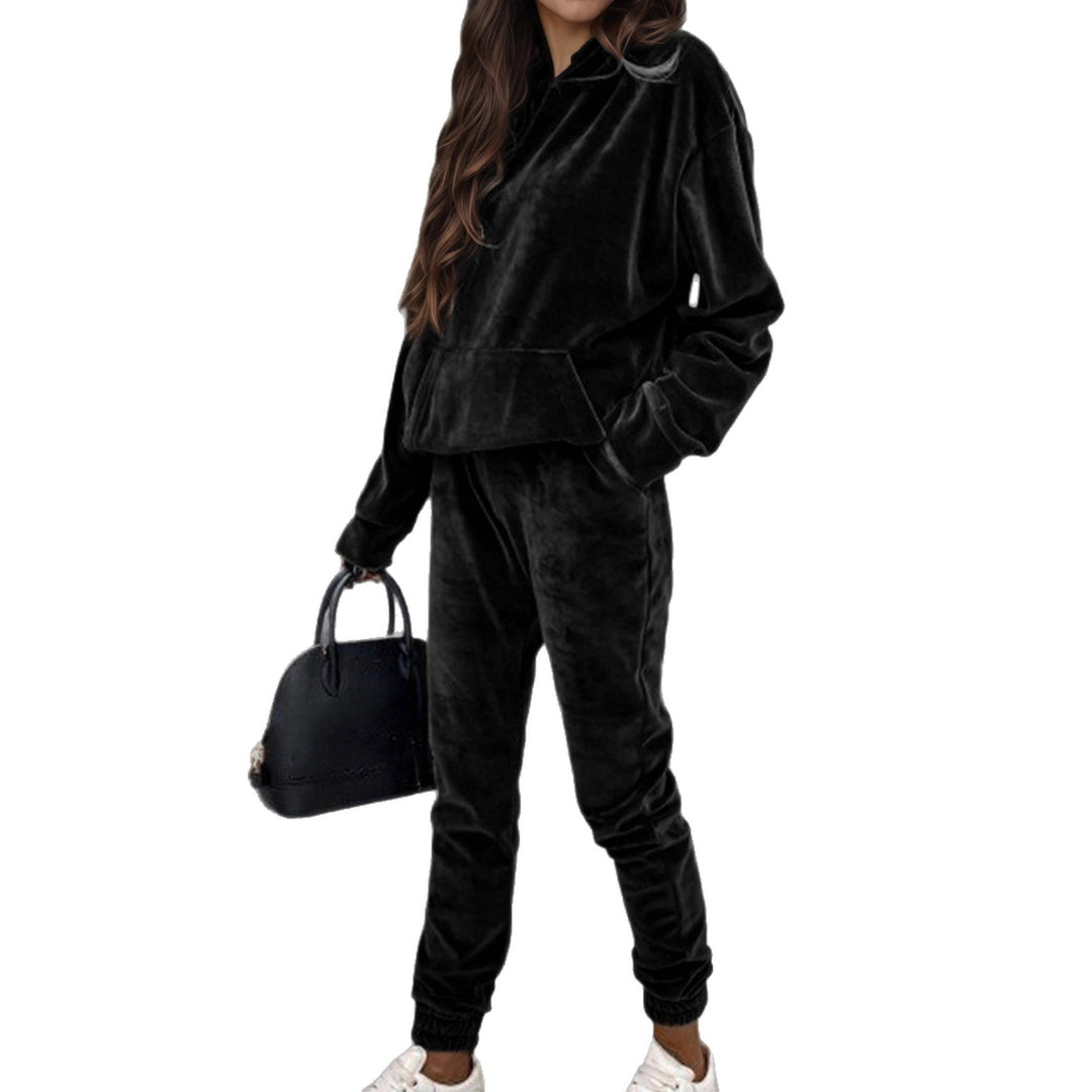 Damen Samt-Jogginganzug mit Kapuzenhoodie, Kängurutasche und elastischer Bündchenhose Shop Nory