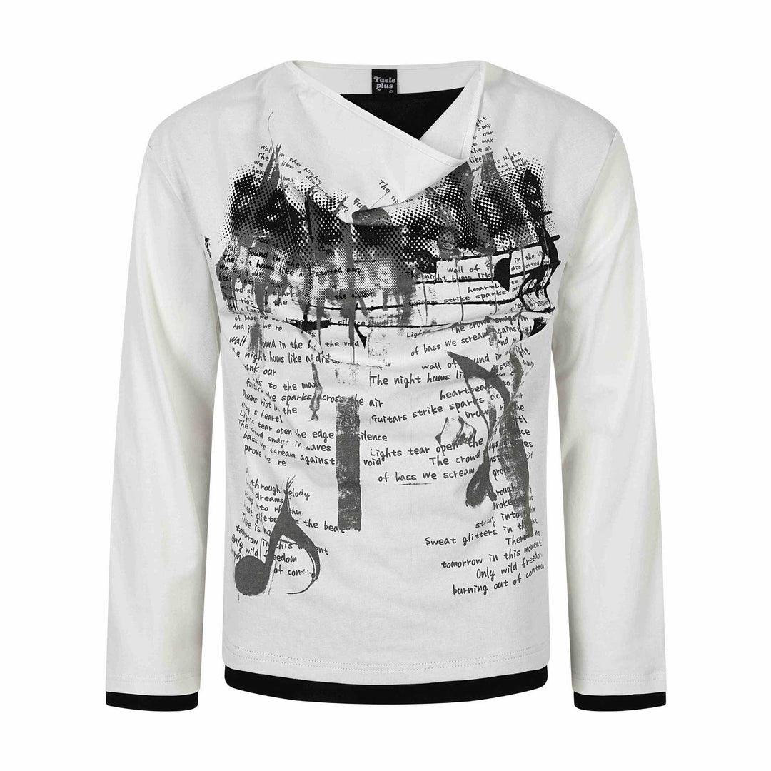Damen Langarmshirt mit asymmetrischem Schlauchkragen und Grafik‑Music‑Print Shop Nory