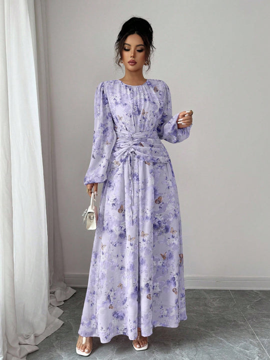 Damen Maxikleid mit floralem Schmetterlingsprint, geraffter Taillenpartie und langen Ballonärmeln Shop Nory