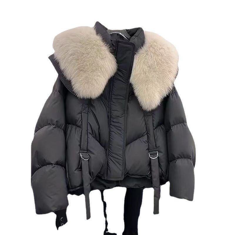 Damen nan kurze Thermo-Pufferjacke mit abnehmbarem Webpelzkragen, hochschließendem Stehkragen und Tunnelzugsaum Shop Nory