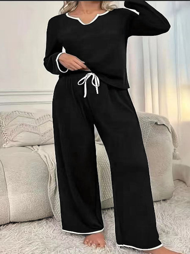 Damen Zweiteiliges Lounge-Set aus weichem Jersey mit V‑Ausschnitt, Langarm-Oberteil und weitem Palazzohosenbein Shop Nory