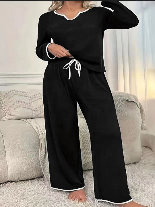 Damen Zweiteiliges Lounge-Set aus weichem Jersey mit V‑Ausschnitt, Langarm-Oberteil und weitem Palazzohosenbein Shop Nory