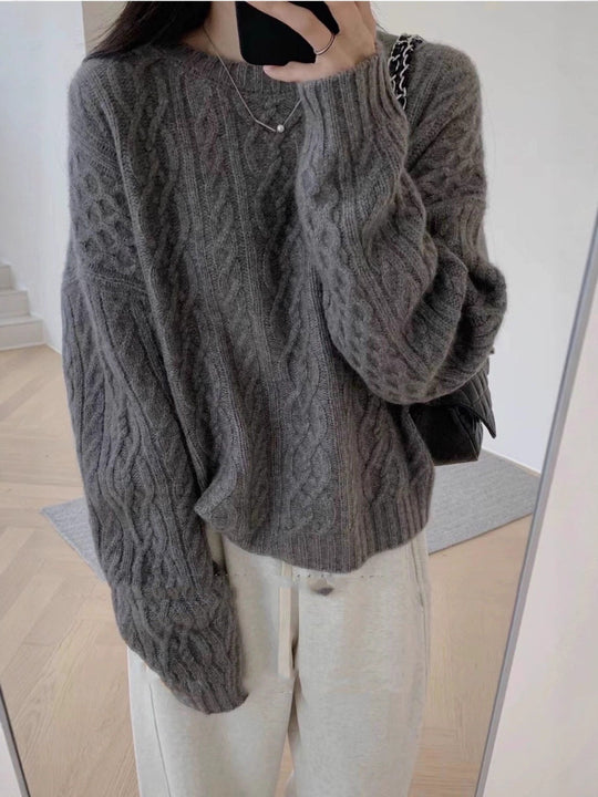 Damen Oversize Zopfmuster‑Pullover mit Rundhalsausschnitt und lässiger Schulterpartie Shop Nory