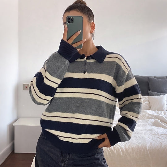 Damen Oversize-Polokragen-Strickpullover mit Streifenmuster und Raglanärmeln Shop Nory