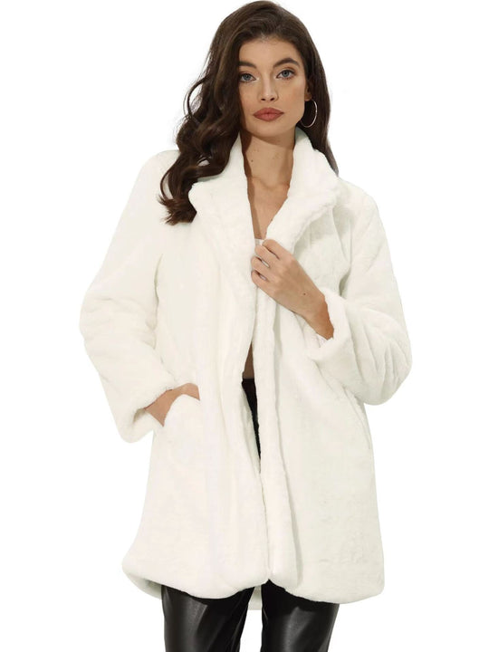 Damen Midilanger Kunstpelz‑Mantel mit softem Schalkragen und Eingrifftaschen Shop Nory
