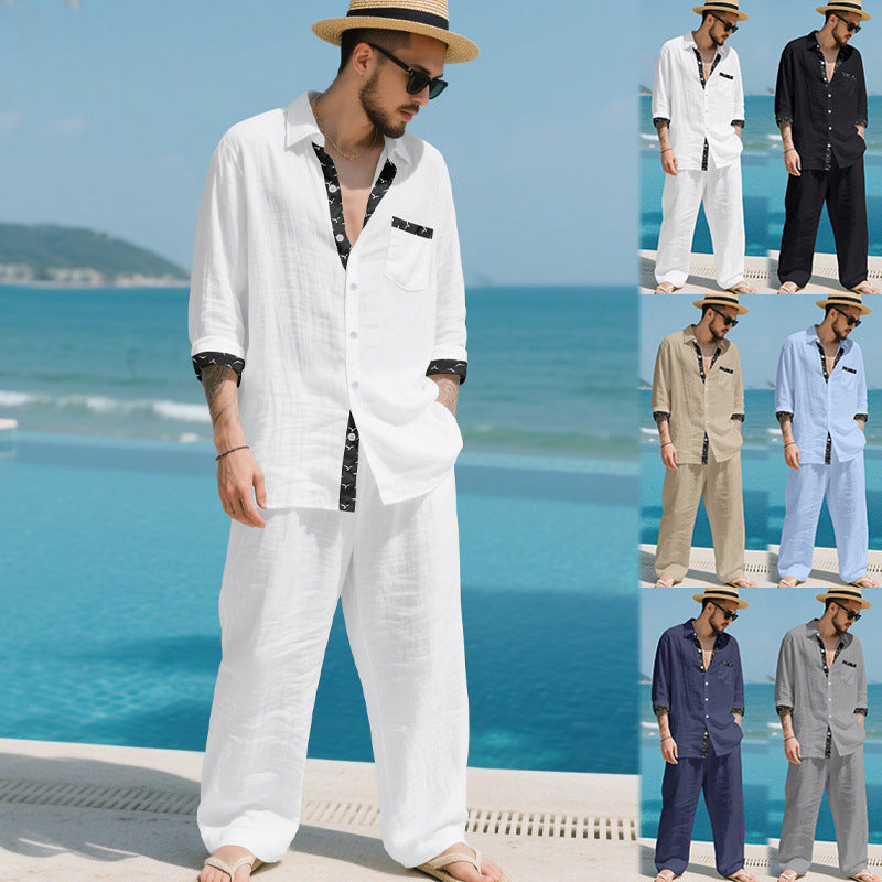Herren Leinenoptik-Loungewear-Set mit Kordelzughose und offenem Hemdjacke Shop Nory