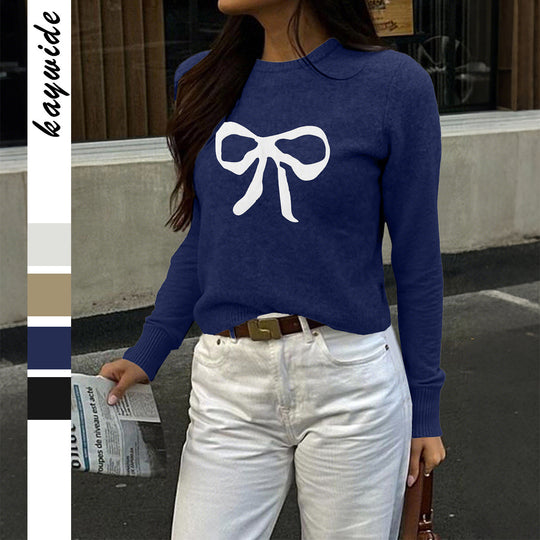 Damen nan Feinstrickpullover mit großem Schleifenprint, Rundhalsausschnitt und schmaler Passform Shop Nory