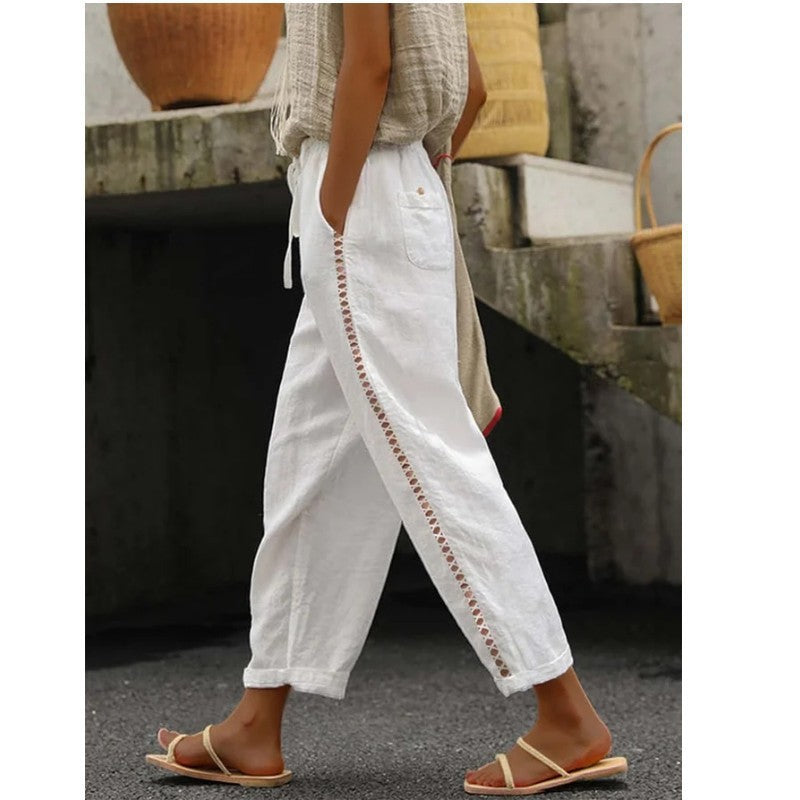 Damen lässige Leinen-Palazzo-Hose mit elastischem Bund und seitlichen Taschen