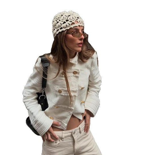 Damen Kurz geschnittener Bouclé-Blazer mit doppelreihiger Goldknopfleiste Shop Nory