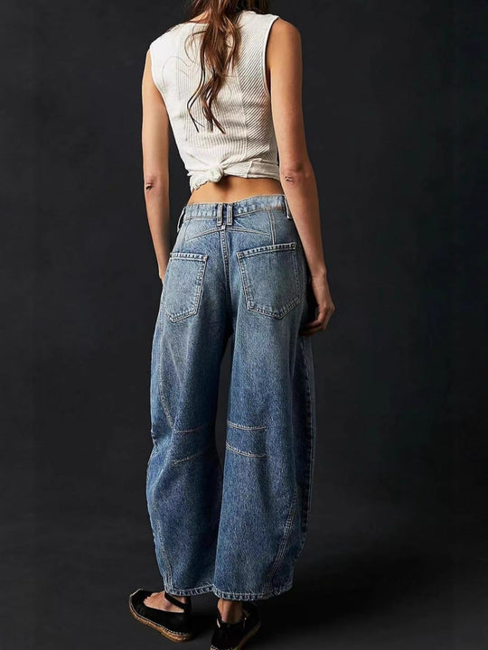 Damen Lässige Weite Denim-Hose mit Tunnelzug