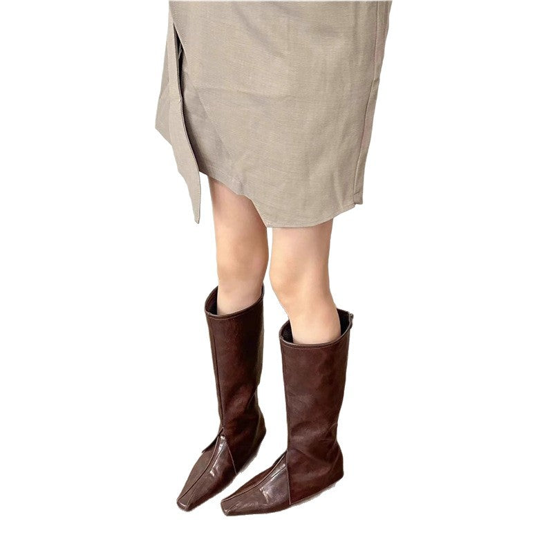 Damen Knielange Lederoptik-Stiefel mit quadratischer Zehenpartie und flacher Sohle Shop Nory