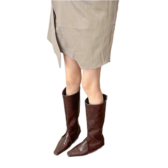 Damen Knielange Lederoptik-Stiefel mit quadratischer Zehenpartie und flacher Sohle Shop Nory
