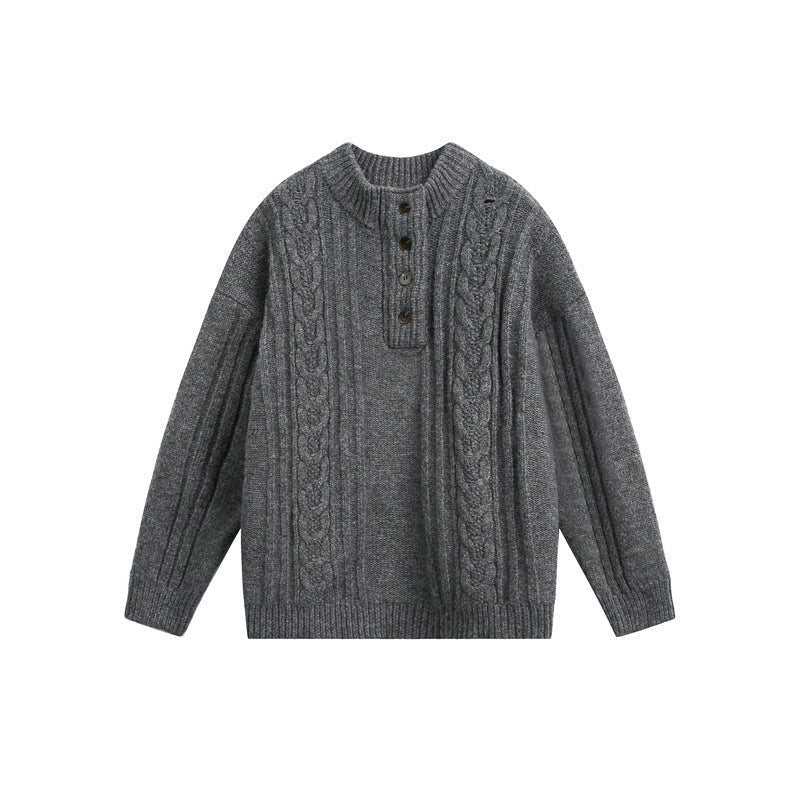 Damen Grobgestrickter Zopf‑Strickpullover mit Henley‑Knopfleiste und Stehkragen Shop Nory