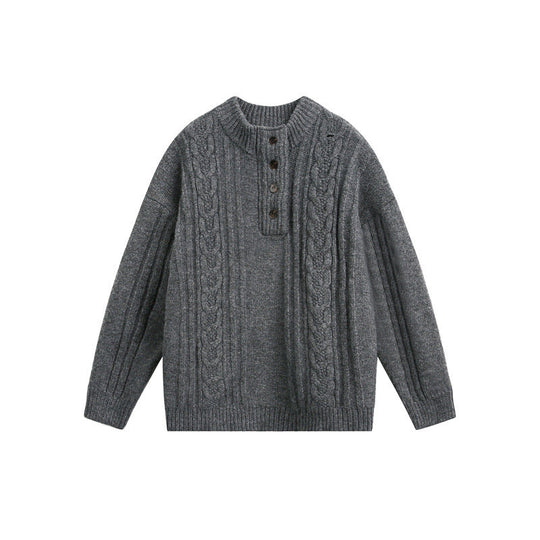 Damen Grobgestrickter Zopf‑Strickpullover mit Henley‑Knopfleiste und Stehkragen Shop Nory