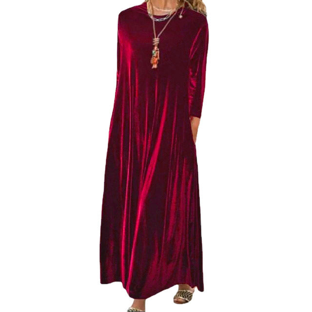 Damen Langes samtiges Maxikleid mit Rundhalsausschnitt, halblangen Ärmeln und seitlichen Taschen Shop Nory