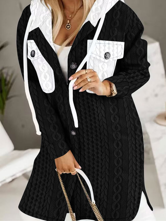 Damen Longline-Strickmantel mit Kapuze, Zierknöpfen und Kontrasttaschen Shop Nory