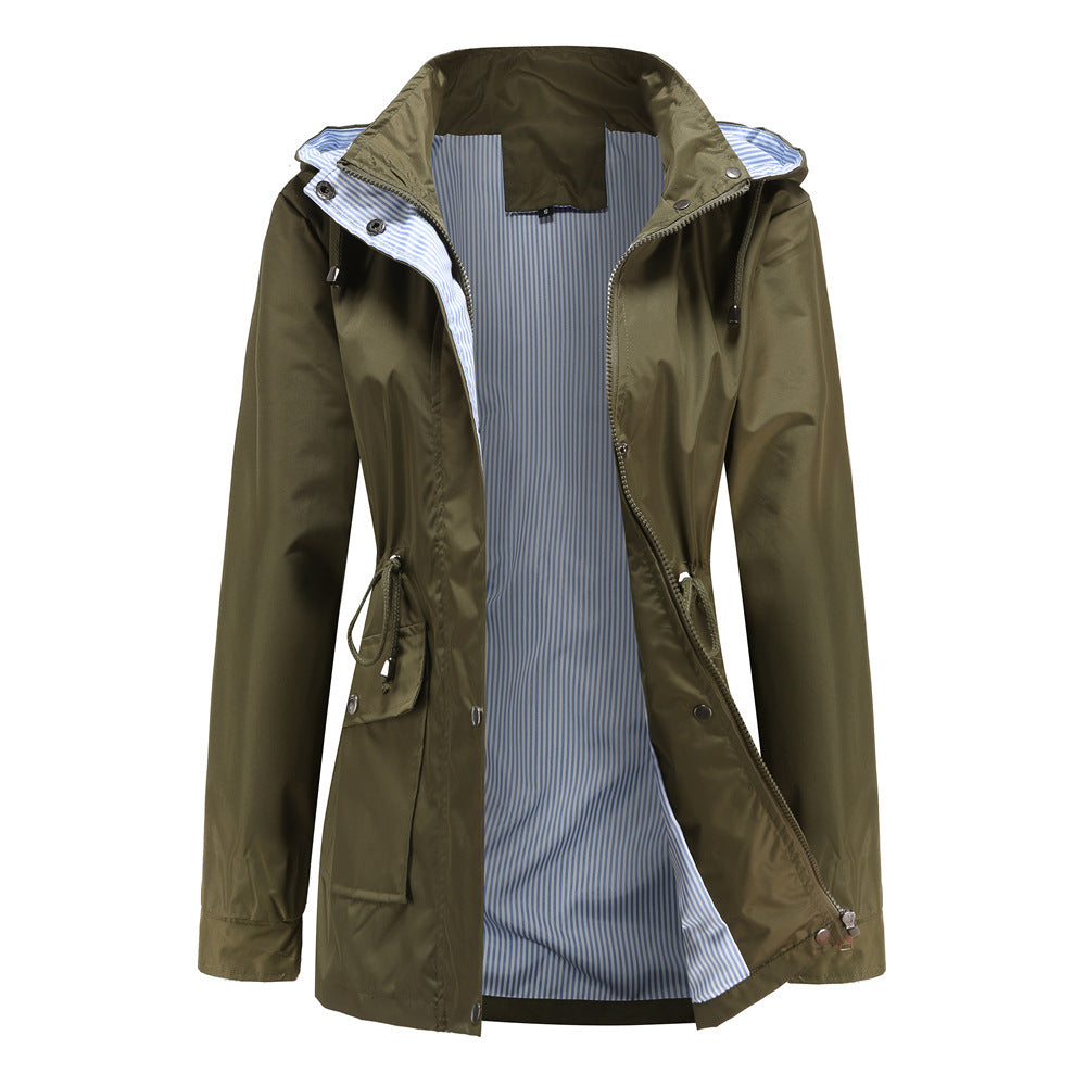 Damen Wetterfeste Regenjacke mit verstellbarem Kapuzenkragen und Taillenzug