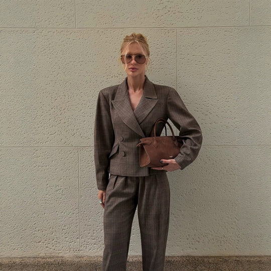 Damen Taillierter zweiteiliger Blazer- und Hosenanzug im Glencheck-Muster Shop Nory