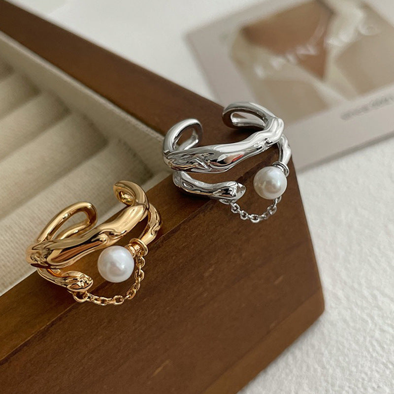 Damen Offener Ring mit künstlerischem Wellen-Design und elegantem Perlenanhänger Shop Nory