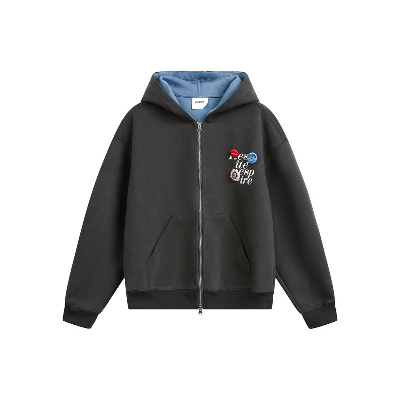 Unisex Kapuzen‑Sweatjacke mit Print‑Badges und Zweiwege‑Reißverschluss Shop Nory