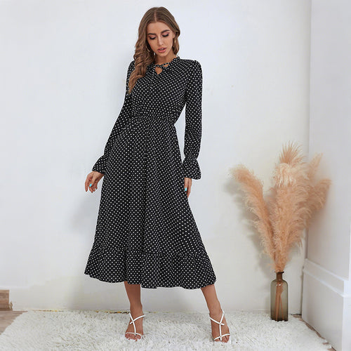 Damen Polka‑Dot Midikleid mit Schlüsselloch‑Detail, Smok‑Taille und Volantsaum Shop Nory