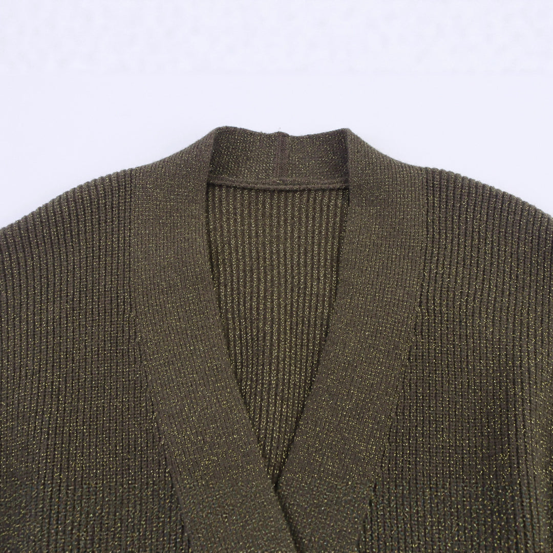 Damen Lange Strickjacke mit Bindegürtel, aufgesetzten Taschen und tiefem V-Ausschnitt Shop Nory