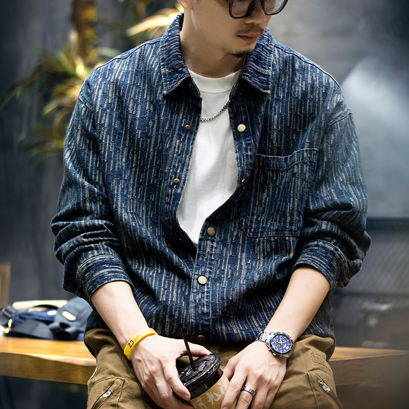 Herren Denim-Overshirt mit vertikaler Strukturprägung und Druckknopfleiste Shop Nory