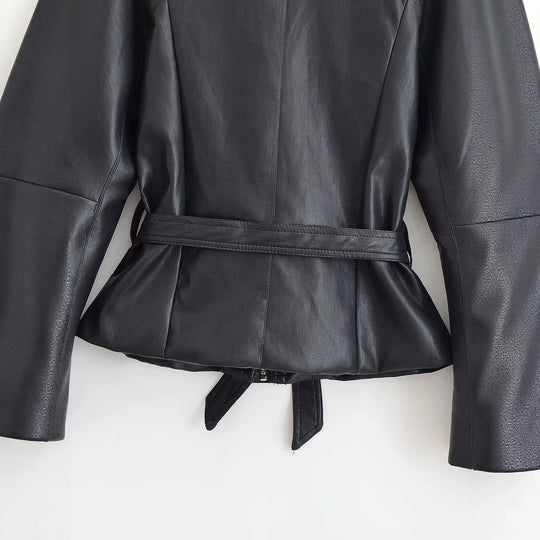 Damen Taillierte Lederoptik‑Jacke mit Bindegürtel und Raglanärmeln Shop Nory