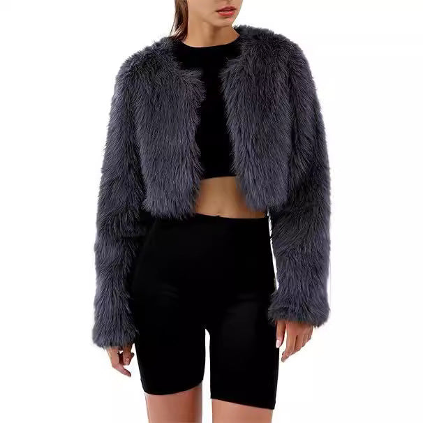 Damen Kurze glamouröse Kunstfelljacke mit lockeren Ärmeln