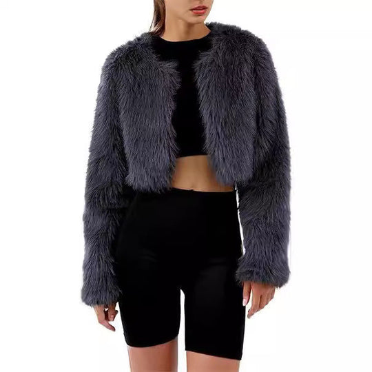 Damen Kurze glamouröse Kunstfelljacke mit lockeren Ärmeln