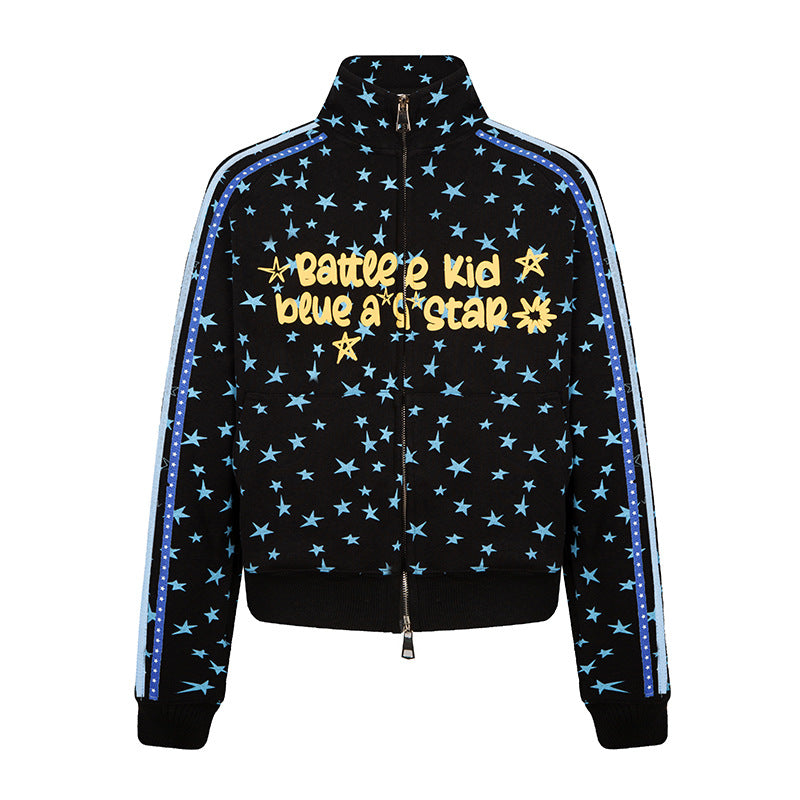 Damen Sweatjacke im Retro-Trackstil mit Stehkragen, Sternen-Print und Kontraststreifen Shop Nory