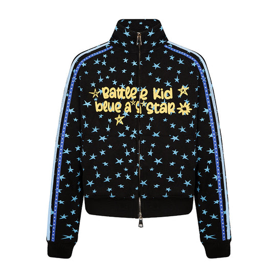 Damen Sweatjacke im Retro-Trackstil mit Stehkragen, Sternen-Print und Kontraststreifen Shop Nory
