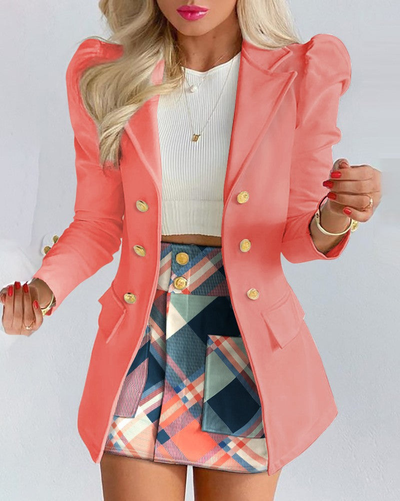 Damen Zweiteiliges karriertes Blazer- und Minirock-Set mit betonten Puffärmeln und goldenen Knöpfen Shop Nory