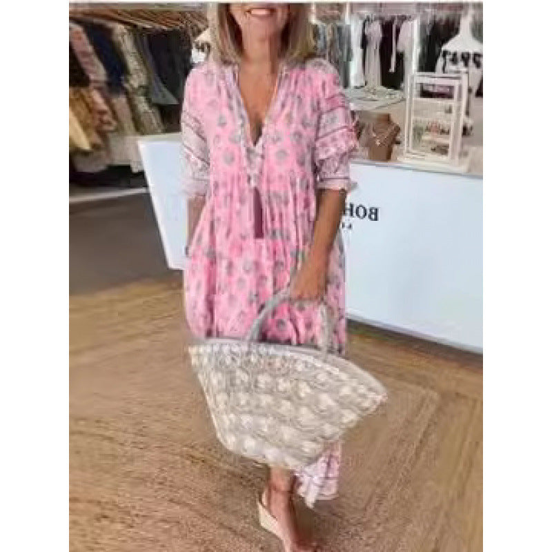 Damen Boho-Stil Kleid mit geflochtener Schnürung und handgefertigten Details